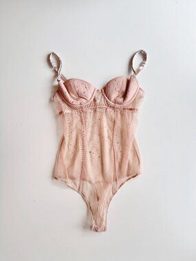 I.D. SARRIERI Light Pink Mesh Swarovski Rhinestone Thong Bodysuit, Size M